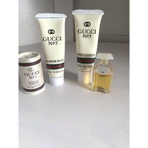 Gucci No 3 Travel Set: .5oz Parfum, Lotion, Powder, Bath Gel VINTAGE